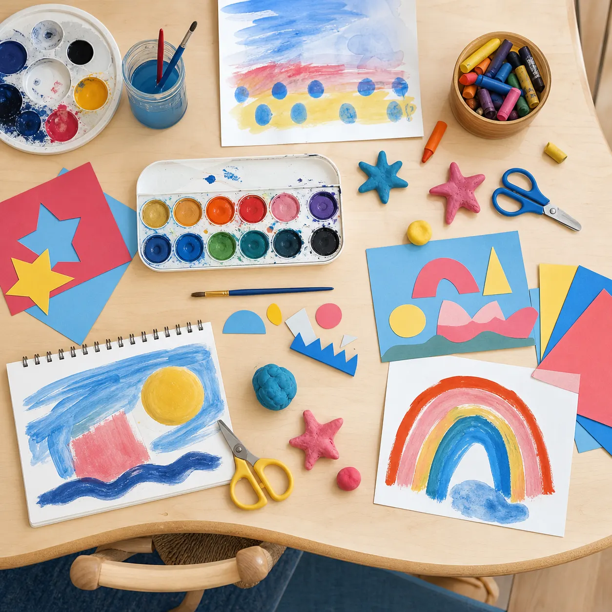 A creative learning table with paints, paper shapes and child-made artwork