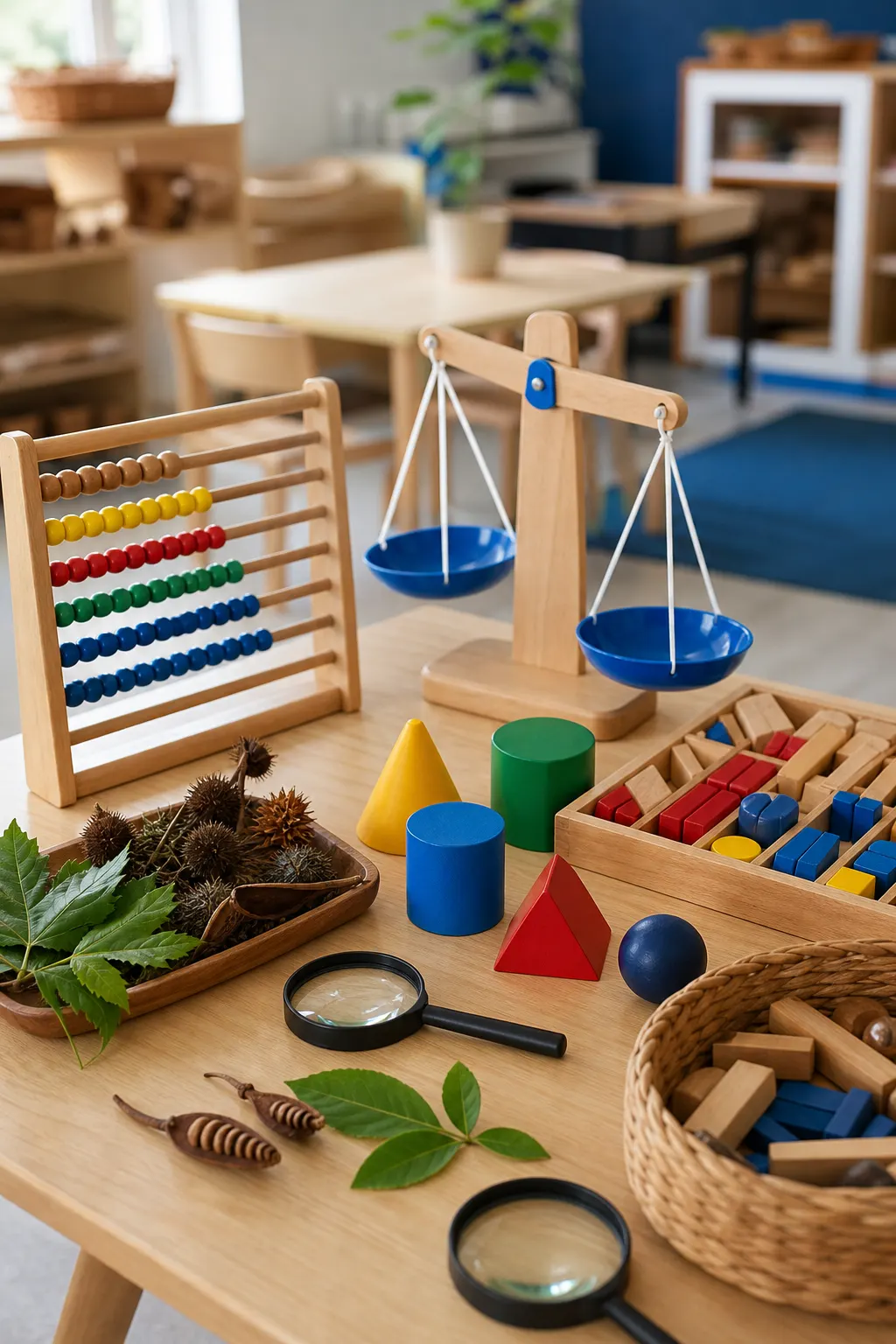 A maths and science discovery table with counting, weighing and nature materials
