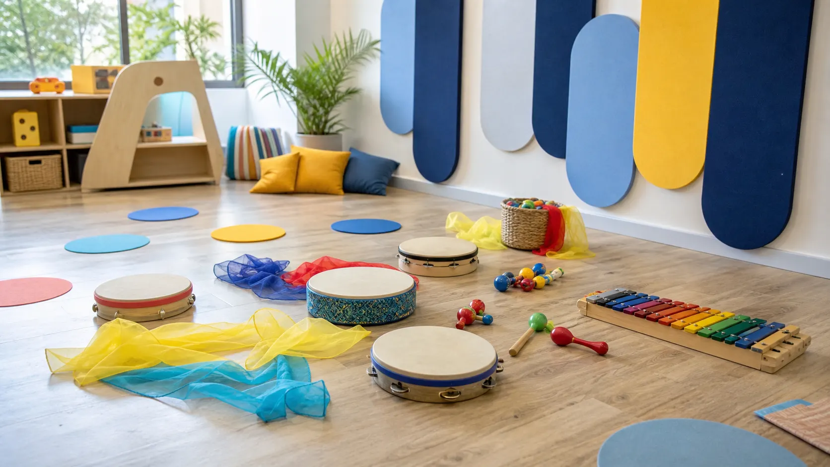A music and movement corner with drums, ribbons, shakers and a xylophone