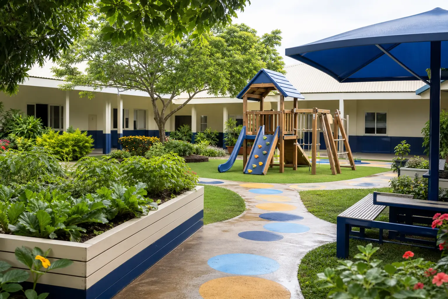 A green school play garden with safe climbing equipment and shaded seating