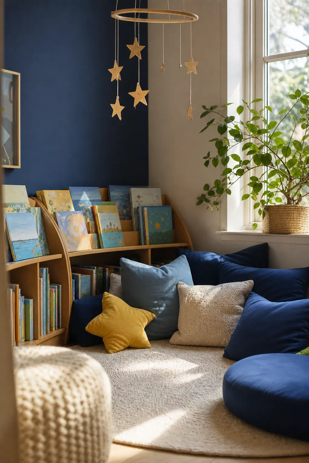 A sunlit reading corner with picture books, soft cushions and wooden stars